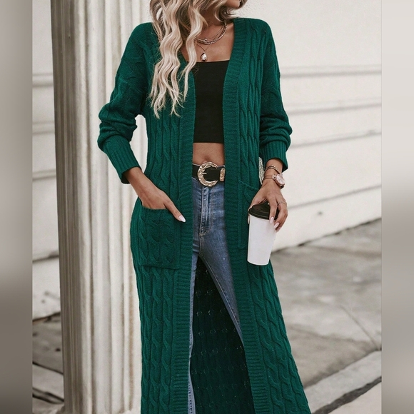 Dual Pocket Drop Shoulder Cable Knit Duster Cardigan - Picture 3 of 4